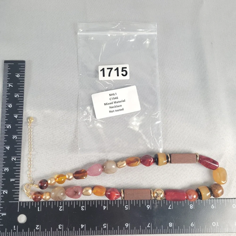 C1946 Chunky Mixed Material Statement Necklace Wood Resin Gold Tone Earthy Boho - Picture 7 of 7